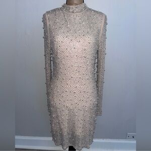 Sparkling Nude Illusion Rhinestone & Pearl Embellished Long Sleeve Dress Large